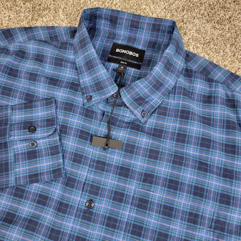 NWOT Bonobos Slim Fit Mens XL Blue Plaid Button Down Long Sleeve‎